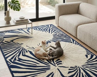 Alfombra azul marino con diseño de hojas tropicales, alfombra botánica llamativa, decoración moderna para sala de estar.