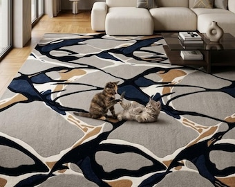 Abstract Camouflage Area Rug, Beige Navy Blue Marble Carpet, Contemporary Living Room Floor Rug