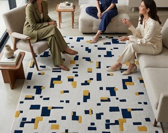 Alfombra geométrica abstracta hecha a mano, alfombra con estampado de bloques azul marino y mostaza.