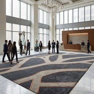 May include: A large, rectangular rug with a geometric design in a modern lobby. The rug features a dark gray background with light beige and copper-colored accents. The lobby has large windows, a high ceiling, and a reception desk.