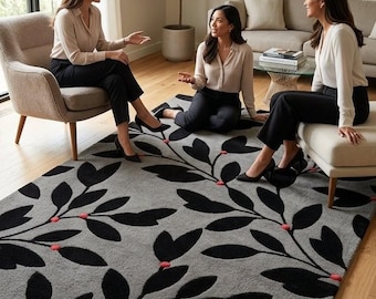 Alfombra botánica moderna, alfombra de hojas y enredaderas grises y negras, alfombra contemporánea para sala de estar.
