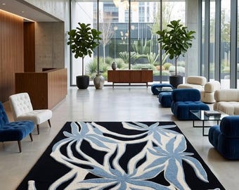 Alfombra moderna con estampado floral, alfombra botánica azul y blanca, alfombra floral abstracta hecha a mano, alfombra contemporánea, decoración estética para sala de estar.
