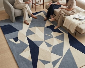 Alfombra geométrica abstracta, alfombra contemporánea azul gris crema, decoración minimalista para el hogar.