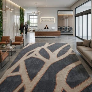 May include: An office lobby featuring a large, patterned rug in shades of gray and beige. The rug's design resembles a network of branches. The reception desk has a marble top and the sign above it reads "Aethelred Corp."