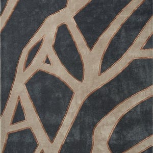 May include: A rectangular area rug with a tree branch design. The rug features a dark gray background with beige and brown branch-like patterns. The design is abstract and modern, suitable for a living room or bedroom.