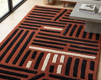 Alfombra geométrica tejida a mano, alfombra abstracta moderna, alfombra marrón, negra y crema, alfombra con estampado tribal, alfombra contemporánea para sala de estar o dormitorio.