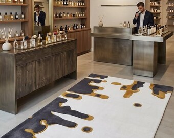 Alfombra abstracta moderna, alfombra tejida a mano, alfombra negra, dorada y marfil, alfombra minimalista contemporánea, alfombra de lujo para sala de estar y dormitorio.