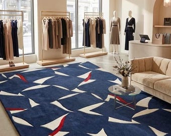 Alfombra moderna abstracta azul marino, alfombra geométrica de pelo largo, alfombra con estampado rojo y blanco, alfombra contemporánea para sala de estar, alfombra suave y mullida para dormitorio.
