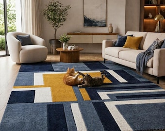 Alfombra geométrica abstracta, alfombra contemporánea azul marino y dorada, alfombra minimalista para sala de estar.