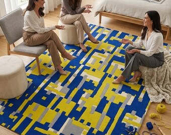 Alfombra abstracta azul y amarilla, alfombra geométrica moderna, alfombra contemporánea, alfombra de bloques de color, alfombra de diseño hecha a mano, decoración para sala de estar