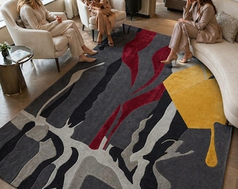 Alfombra geométrica abstracta, alfombra contemporánea gris, roja y dorada, alfombra de lujo para sala de estar.