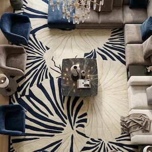 Tropical Leaf Rug, Navy Blue Botanical Area Rug, Large Floral Carpet, Modern Statement Rug for Living Room Bedroom Office Decor