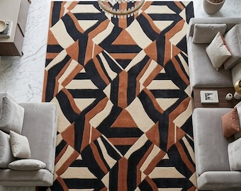Alfombra geométrica moderna, alfombra abstracta negra, marrón y beige, alfombra tejida a mano, alfombra contemporánea para sala de estar, alfombra escandinava para piso.