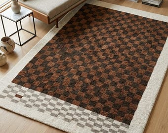 Brown Checkerboard Area Rug, Modern Retro Geometric Floor Decor