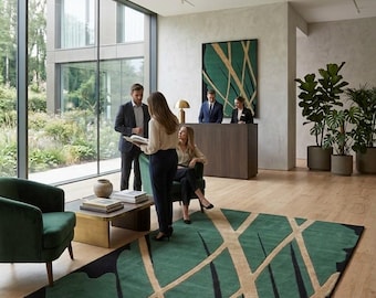 Alfombra moderna abstracta verde, alfombra contemporánea hecha a mano, alfombra con diseño de líneas beige, alfombra de lujo para sala de estar, alfombra geométrica para el suelo.