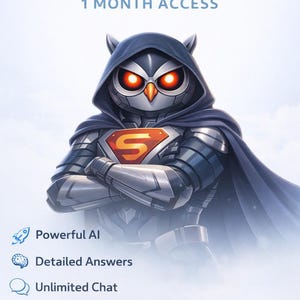 May include: Digital illustration of a superhero owl with glowing red eyes, wearing a metallic suit and cape. The text "SUPER GROK" and "1 MONTH ACCESS" are at the top. Additional text includes "Powerful AI", "Detailed Answers", and "Unlimited Chat".