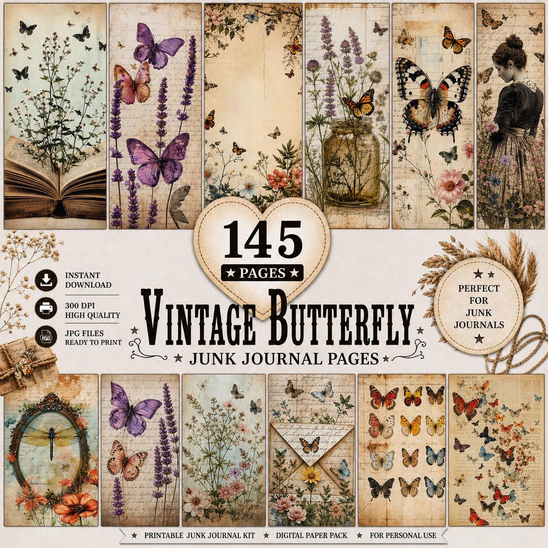 Vintage Butterfly Junk Journal Pages Kit, Botanical Ephemera, Antique ...