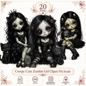 Könnte beinhalten: Ein digitales Clipart-Paket mit drei Illustrationen von blassen Zombie-Mädchen mit schwarzem Haar, großen Augen und vernähter Haut, die schwarze Kleider tragen. Das Set enthält schwarze Katzen, einen Grabstein mit R.I.P.-Text und florale Akzente.