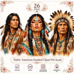 Op de afbeelding: Een digitale collectie van 26 PNG-bestanden met illustraties van drie personen in kleding geïnspireerd door inheemse Amerikanen, inclusief verentooien, turkooizen sieraden en kleding met patronen, met de tekst Native American Inspired Clipart.