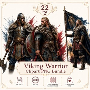 22 Viking Warrior Clipart PNG-paket, nordisk raidergrafik, medeltida krigareillustrationer (kommersiellt bruk)