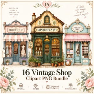 Op de afbeelding: Een digitale collectie van 16 vintage winkelillustraties, waaronder een boetiek, een apotheek en een naaiwinkel. Elke winkelpui bevat gedetailleerde architecturale elementen, uithangborden en etalages. De set bevat florale accenten.