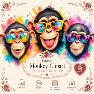 May include: Three monkey heads with colorful watercolor splashes in the background. The monkeys wear bright yellow, pink, and purple sunglasses. A central label reads Funny Monkey Clipart, with a heart icon stating 22 PNG images.