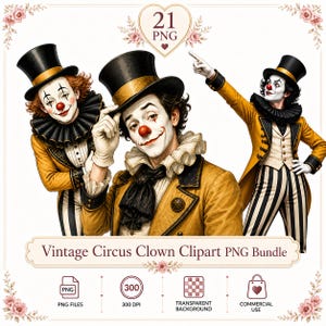 Puede incluir: Una colección digital de 21 imágenes PNG con payasos de circo en chaquetas amarillas, sombreros de copa negros y maquillaje blanco con narices rojas. Los payasos llevan cuellos con volantes y pantalones a rayas. Texto: 21 PNG, Vintage Circus Clown Clipart PNG Bundle.