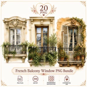 20 Frans balkonraam png-bundel, vintage Parijs raam clipart, romantische Europese architectuur png, bloemen balkonlijsten,