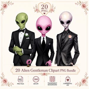 Puede incluir: Un conjunto de ilustraciones digitales con tres figuras alienígenas vistiendo trajes formales negros con corbatas y pajaritas, incluyendo flores de solapa blancas y rosas. El texto dice 20 PNG y 20 Alien Gentleman Clipart PNG Bundle con iconos para archivos PNG, 300 DPI, fondo transparente y uso comercial.
