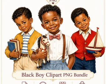 28 Retro Black Boy Clipart PNG Bundle, African American Kids Graphics (Commercial Use)
