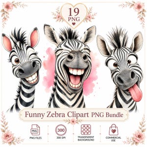 Può includere: Una collezione digitale di tre illustrazioni di zebre in stile cartone animato con varie espressioni facciali, tra cui strizzare l'occhio, ridere e tirare fuori la lingua. Il set include il testo 19 PNG, Funny Zebra Clipart PNG Bundle, 300 DPI e icone.