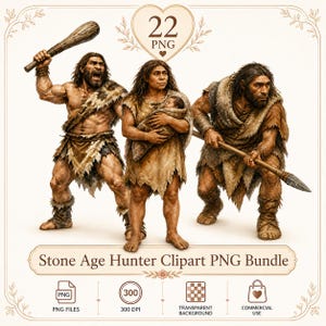 Può includere: Una collezione digitale di 22 file PNG intitolata Stone Age Hunter Clipart PNG Bundle. Le immagini mostrano tre figure preistoriche: una con una clava di legno, una con un bambino e una con una lancia. Le figure indossano indumenti di pelliccia.