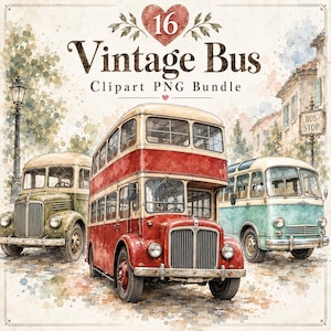 Puede incluir: Un gráfico digital que presenta el texto 16 Vintage Bus Clipart PNG Bundle con ilustraciones en acuarela de tres autobuses: uno verde, un autobús rojo de dos pisos y uno turquesa, sobre un fondo suave y texturizado.