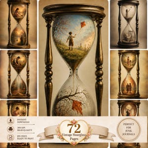 May include: A collection of 72 digital images featuring vintage hourglasses with intricate scenes inside the glass bulbs, including a child flying a kite, figures in landscapes, and interior settings, presented with text labels for junk journals.