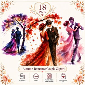 Peut inclure: Une collection numérique de 18 fichiers PNG présentant des illustrations à l'aquarelle de couples en tenue de soirée. Les images montrent des duos dans des décors romantiques avec des feuilles d'automne, des arbres et des motifs floraux. Texte : 18 PNG, 300 DPI, Autumn Romance Couple Clipart.