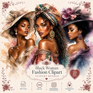 Watercolor African American Women Clipart Bundle, Fashionable Portraits (Digital Download)