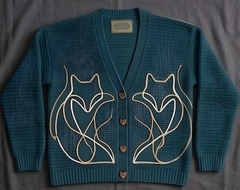 Fox Embroidered Cotton Cardigan | Hand-loomed Open Knit Button Up Sweater