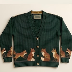 Fox Embroidered Cardigan | Open Knit Button Up Cardigan | Heavy-weight Cotton Knit | Personalized Gift for Him | Fall Aesthetic Outerwear