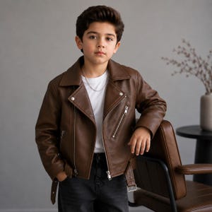 Könnte beinhalten: Braune Lederjacke im Biker-Stil mit Reverskragen, asymmetrischem Reißverschluss und Gürtel. Die Jacke wird über einem weißen T-Shirt und schwarzen Jeans getragen. Das Model trägt eine silberne Kette.