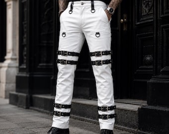 Weiße Gothic-Lederhose für Herren | Punk-Bikerhose mit Schnallenriemen