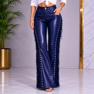 Women's Navy Blue Genuine Leather Fringe Bell Bottom Flare Pants