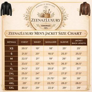 May include: A size chart for men's jackets from ZeenazLuxury, with measurements in inches for chest, waist, shoulder, sleeve, and jacket back length. Includes sizes XS to 5XL. Two leather jackets are shown on the top corners.