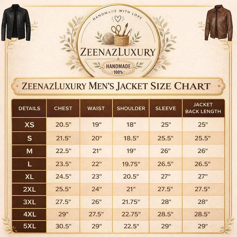 May include: A size chart for men's jackets from ZeenazLuxury, with measurements in inches for chest, waist, shoulder, sleeve, and jacket back length. Includes sizes XS to 5XL. Two leather jackets are shown on the top corners.