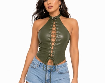 Top corsetto da donna in vera pelle con allacciatura a corsetto, realizzato a mano e disponibile in diversi colori.