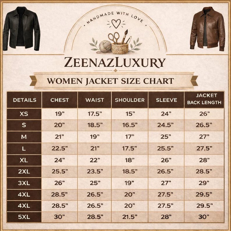 Op de afbeelding: Een maattabel voor jassen van ZeenazLuxury met een zwarte leren jas links en een bruine leren jas rechts. De tabel bevat afmetingen in inches voor borst, taille, schouder, mouw en ruglengte voor de maten XS tot en met 5XL.