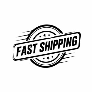Puede incluir: Gráfico en blanco y negro con el texto "FAST SHIPPING" en una pancarta rectangular. La pancarta está sobre un diseño circular con estrellas y líneas de velocidad, lo que sugiere una entrega rápida.