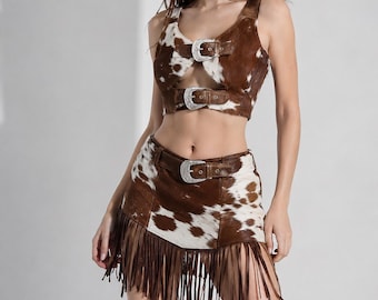 Minirok met koeienhuid franje dames western haar op huid leren rok op maat