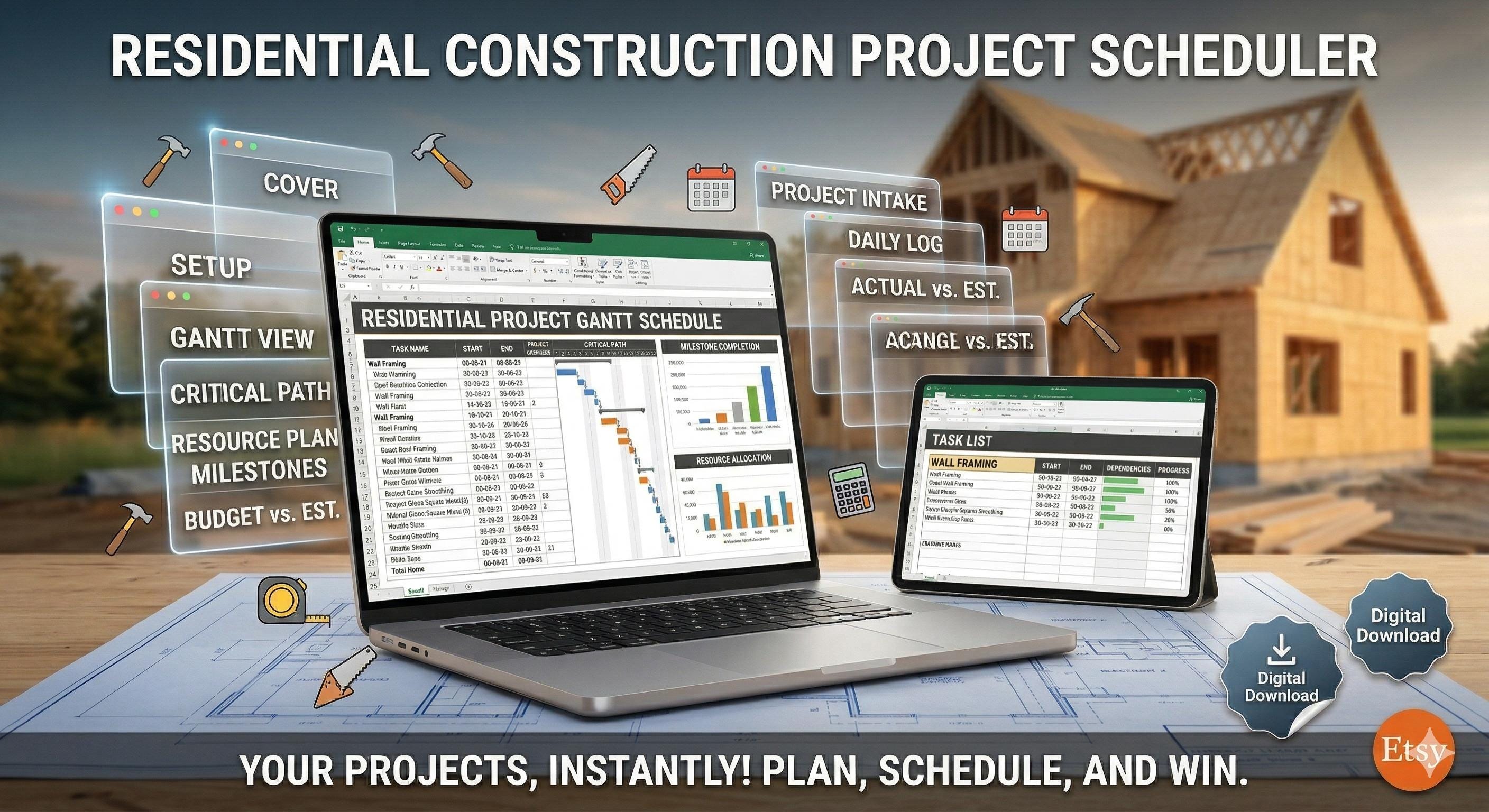 Residential Construction Schedule Excel, Project Planner, Gantt Chart (Digital Download)