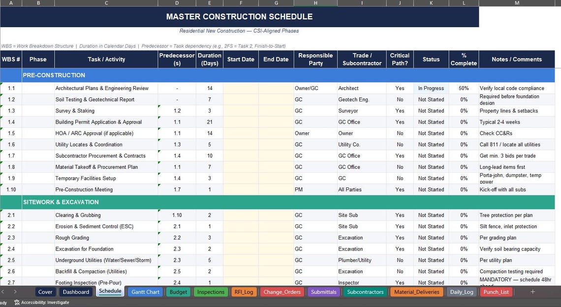Residential Construction Schedule Excel, Project Planner, Gantt Chart ...