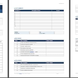 May include: A business document labelled "SCOPE OF WORK & PROPOSAL" with a dark blue header. The document is divided into sections for project information, proposal details, scope of work, cost summary, inclusions, exclusions, terms & conditions, and acceptance & authorisation.